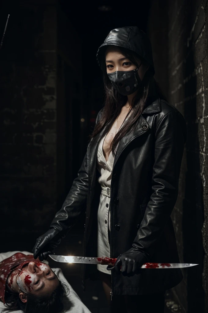 korean girl, (behind corpse, surgical mask), holding knife, stabbing, black leather gloves, tunnel full of blood, black trench coat, bucket hat, holding knife, black gloves, behind corpse, blood splatter, very long hair, night, mass murderer, robbery, in the hotel, dark atmosphere, cinematic lighting, atmospheric realistic,
