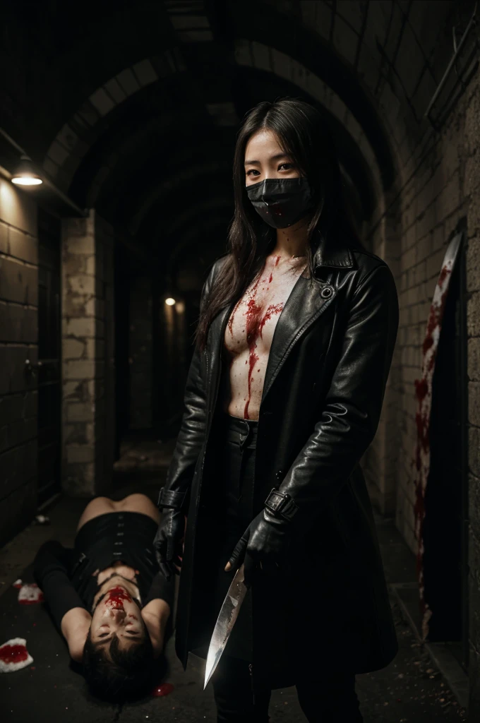 korean girl, (behind corpse, surgical mask), holding knife, stabbing, black leather gloves, tunnel full of blood, black trench coat, bucket hat, holding knife, black gloves, behind corpse, blood splatter, very long hair, night, mass murderer, robbery, in the hotel, dark atmosphere, cinematic lighting, atmospheric realistic,
