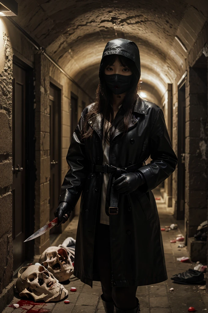 korean girl, (behind corpse, surgical mask), holding knife, stabbing, black leather gloves, tunnel full of blood, black trench coat, bucket hat, holding knife, black gloves, behind corpse, blood splatter, very long hair, night, mass murderer, robbery, in the hotel, dark atmosphere, cinematic lighting, atmospheric realistic,
