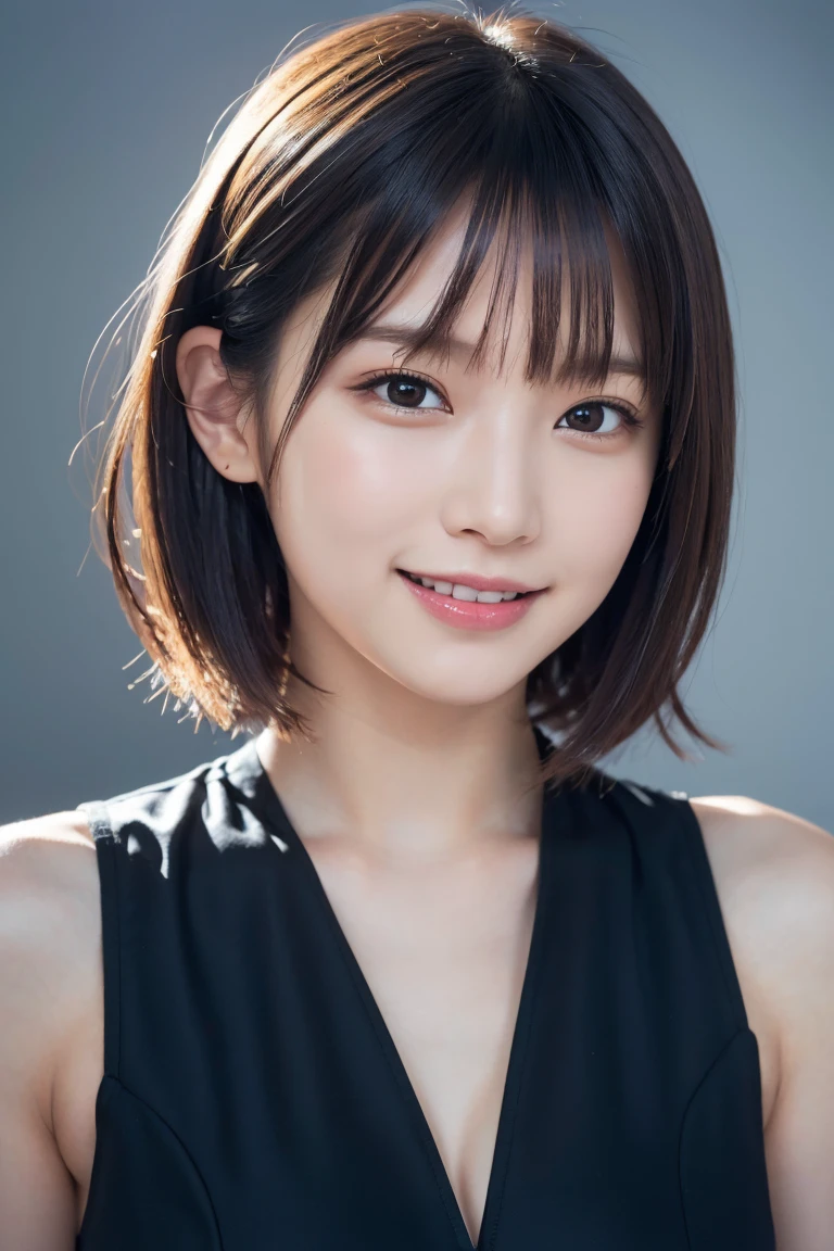 1 girl,(wearing colorful stage costume:1.2),very beautiful japanese idol portrait,close up of face,(RAW photo,best quality),(real,realistic:1.4),(masterpiece),very delicate and beautiful,very detailed,2k wallpaper,amazing,finely detailed,highly detailed CG Unity 8K wallpaper,very detailed,high resolution,soft light,beautiful detailed girl,very detailed eyes and face,beautiful refined nose,finely beautiful eyes,cinema lighting,(simple light color background:1.3),(short hair),(bob),full anatomy,slender body,small breasts,smiling,
