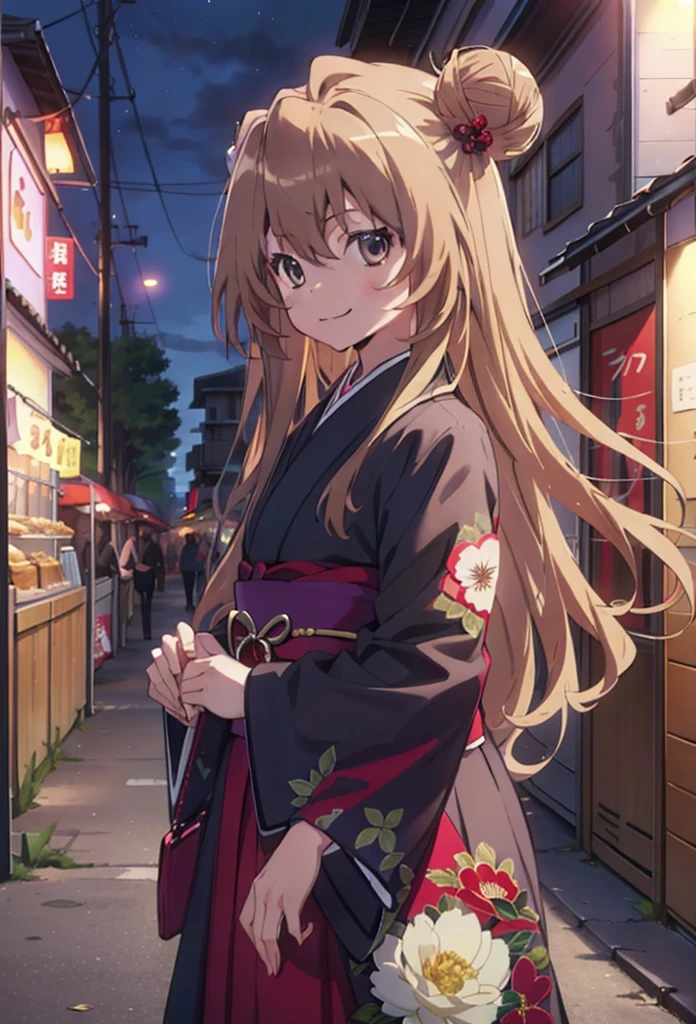 taiga aisaka, taiga aisaka, Long Hair, Brown Hair, Brown eyes,happy smile, smile, Close your mouth,Hair Bun, single  Hair Bun,Flower Hair Ornaments,Black kimono,Thick sleeves,,Japanese Festivals,Summer festival food stalls,Red lantern,night,As if your whole body is in the illustration,Walking,　　　　　　　　　　　　　　　  break looking at viewer, Upper Body (Cowboy Shot:1. 5),  　　　　　
break outdoors, Area,
break (masterpiece:1.2), Highest quality, High resolution, unity 8k wallpaper, (shape:0.8), (Beautiful attention to detail:1.6), Highly detailed face, Perfect lighting, Highly detailed CG, (Perfect hands, Perfect Anatomy),