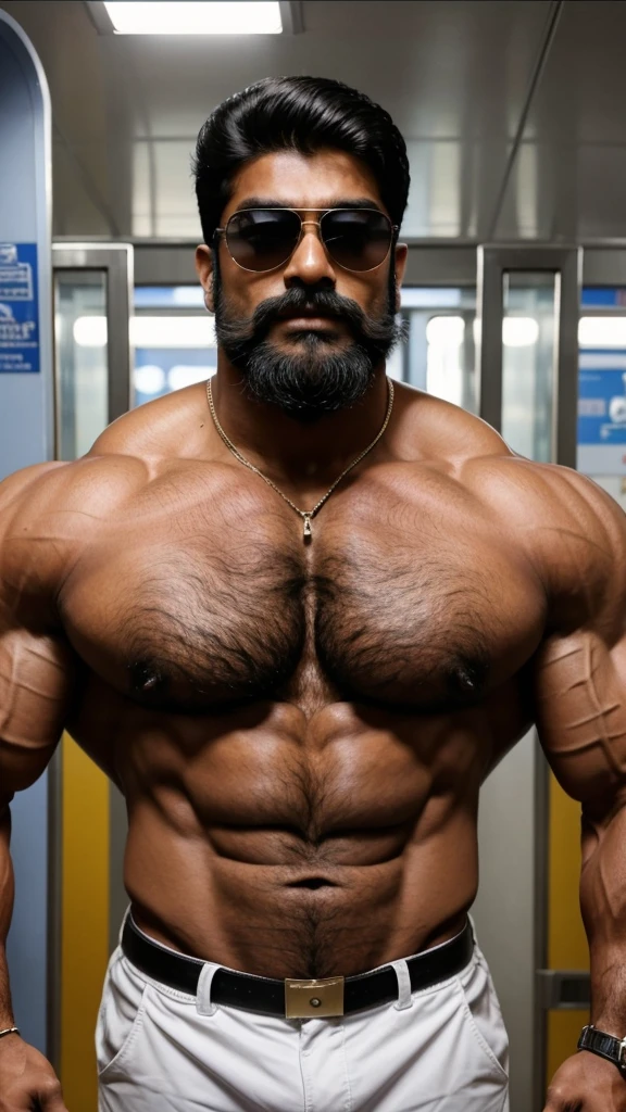 Indian man with a beard and sunglasses in a metro, big chest, extremely muscular, very muscly, large muscles, muscular chest, massive muscles, bulging muscles, huge muscles, muscular male, very muscular, fairly muscular, beefy, super buff and cool, big muscles, big muscle, muscular men, very beautiful. big muscles, y muscular body, opened pant butand zip showing public hair