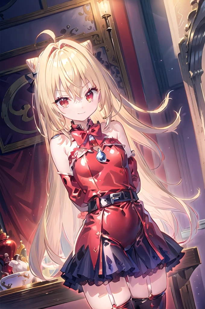 1girl,solo,cowboy shot,standing,(blonde hair:1.2),long hair,cone hair bun,hair ornament,hair intakes, ahoge, bangs,(red eyes:1.2),(beautiful fingers:1.4),(perfect anatomy:1.4),(arms_behind_back:1.6),(cold_shoulder:1.2),BREAK,(red leotard:1.4),(red jacket),(leather lace glossy silk lamé:1.4),(latex luster shiny glossy:1.6),(shiny_clothes:1.6),medium breasts,beautiful breasts,masterpiece,best quality,(Ultra high definition eyes:1.2),8k,(Beautiful detailed eyes:1.2),(Fine and beautiful eyes:1.2),(pretty eyes:1.2),finely detail,extremely CG, absurdres,high resolution,illustration,Detailed and beautiful outlines,finely detail,high resolution,(colorful refraction:1.4,Increase saturation:1.2),beautiful lighting,dynamic lighting,closed room,black background,simple background, smile,looking at viewer,BREAK, blue bowtie, red coat, long sleeves, belt, garter straps,(red thighhighs:1.4)