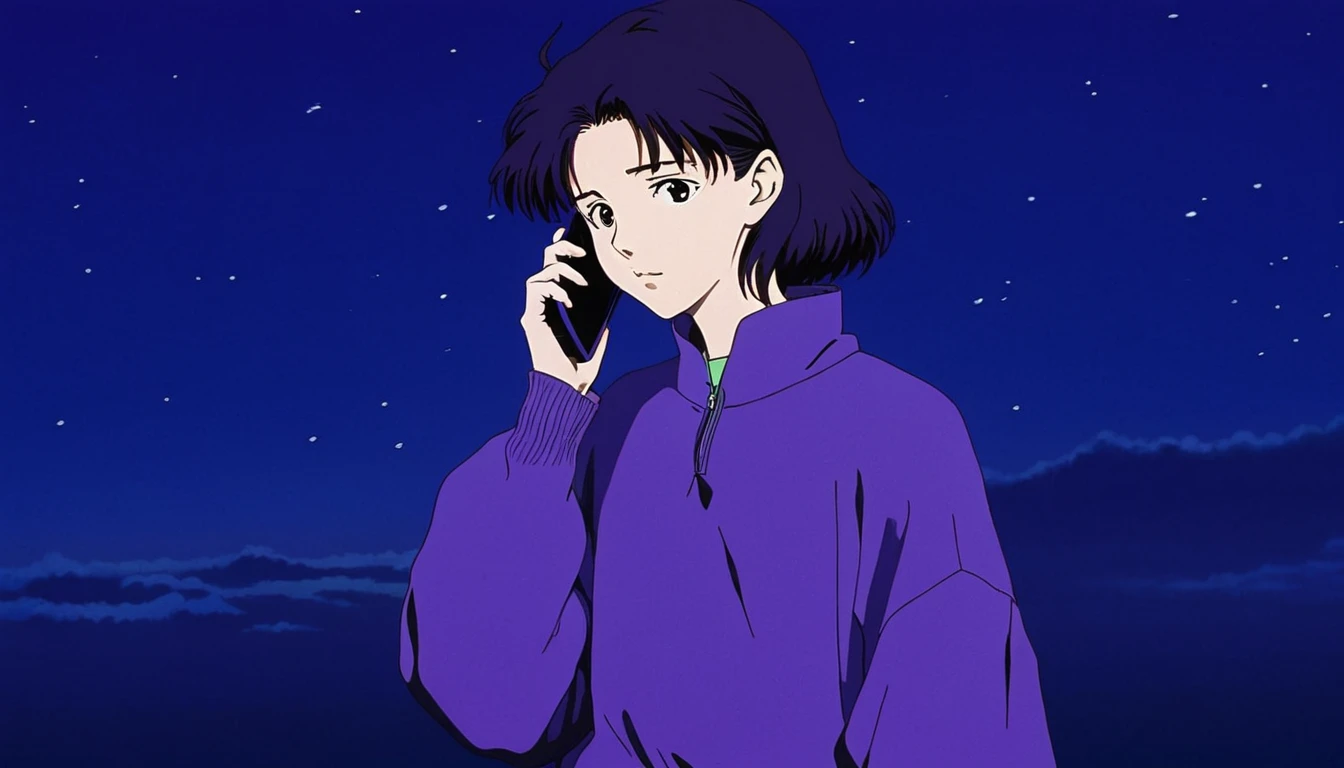anime art 1990s anime scene of one with cell phone, do it in colors: purple, preto dark por studio ghibli
. anime styling, chave visual, Vibrant, studio anime, highy detailed, character is sad.