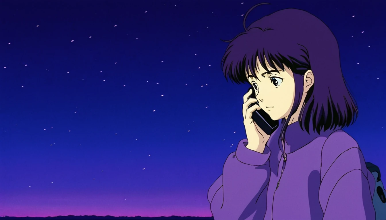 anime art 1990s anime scene of one with cell phone, do it in colors: purple, preto dark por studio ghibli
. anime styling, chave visual, Vibrant, studio anime, highy detailed, character is sad.