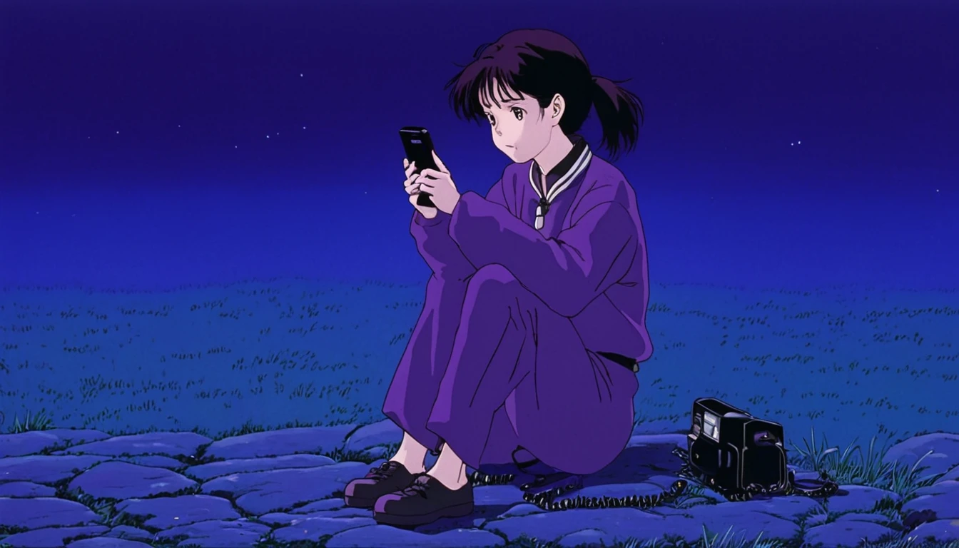 anime art 1990s anime scene of one with cell phone, do it in colors: purple, preto dark por studio ghibli
. anime styling, chave visual, Vibrant, studio anime, highy detailed, character is sad.