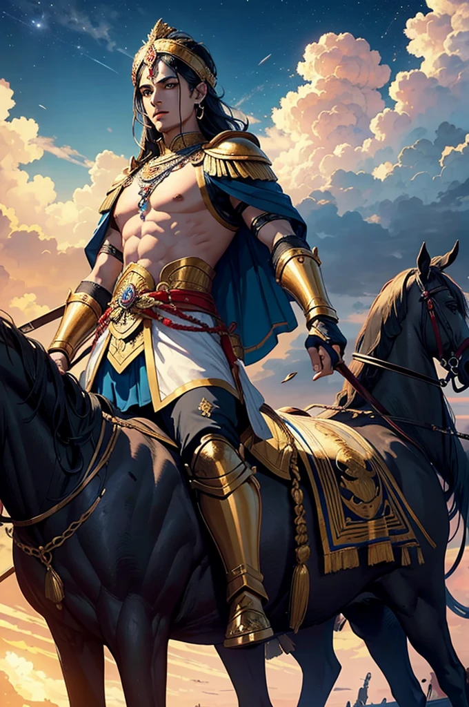 Image Description:
"Create a powerful and majestic scene of Lord Krishna in the midst of a grand war. Picture Lord Krishna in his divine form, standing tall and radiant on a chariot, holding the reins of white horses with one hand and the Sudarshan Chakra in the other. The battlefield is vast and chaotic, with warriors and soldiers engaged in intense combat. The background features dramatic clouds and a vibrant sky, symbolizing the cosmic scale of the battle. Lord Krishna’s expression is serene yet commanding, exuding an aura of divine authority and wisdom. His golden armor and ethereal blue skin should be highlighted, making him the central and most striking figure in the scene. The overall mood should capture the epic and divine nature of the war, with a sense of both grandeur and spiritual significance