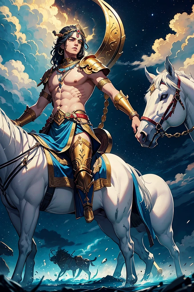 Image Description:
"Create a powerful and majestic scene of Lord Krishna in the midst of a grand war. Picture Lord Krishna in his divine form, standing tall and radiant on a chariot, holding the reins of white horses with one hand and the Sudarshan Chakra in the other. The battlefield is vast and chaotic, with warriors and soldiers engaged in intense combat. The background features dramatic clouds and a vibrant sky, symbolizing the cosmic scale of the battle. Lord Krishna’s expression is serene yet commanding, exuding an aura of divine authority and wisdom. His golden armor and ethereal blue skin should be highlighted, making him the central and most striking figure in the scene. The overall mood should capture the epic and divine nature of the war, with a sense of both grandeur and spiritual significance