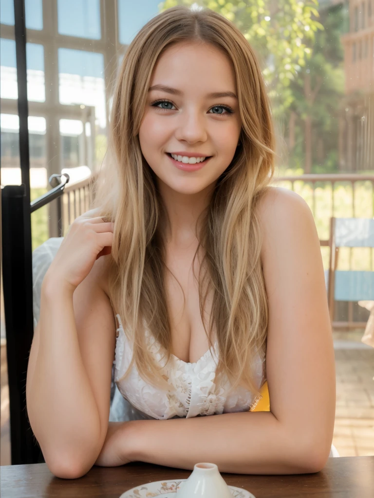 a pretty young teenage girl, smiling, portrait, detailed face, beautiful eyes, long eyelashes, perfect skin, blonde hair, long flowing hair, cute expression, high quality, detailed, photorealistic, 8k, hyper detailed, intricate details, realistic, sharp focus, studio lighting, warm color palette, natural lighting, vibrant colors, beautiful, elegant, graceful, charming, adorable