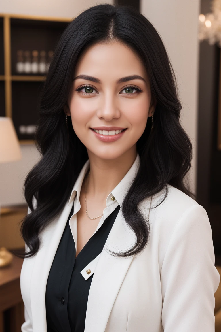 Woman of Latin origin, blackquality hair, entrepreneur, friendly and dynamic. with beautiful smile. Elegant and formal clothes. greeneyes. Manager of a high-end furniture store