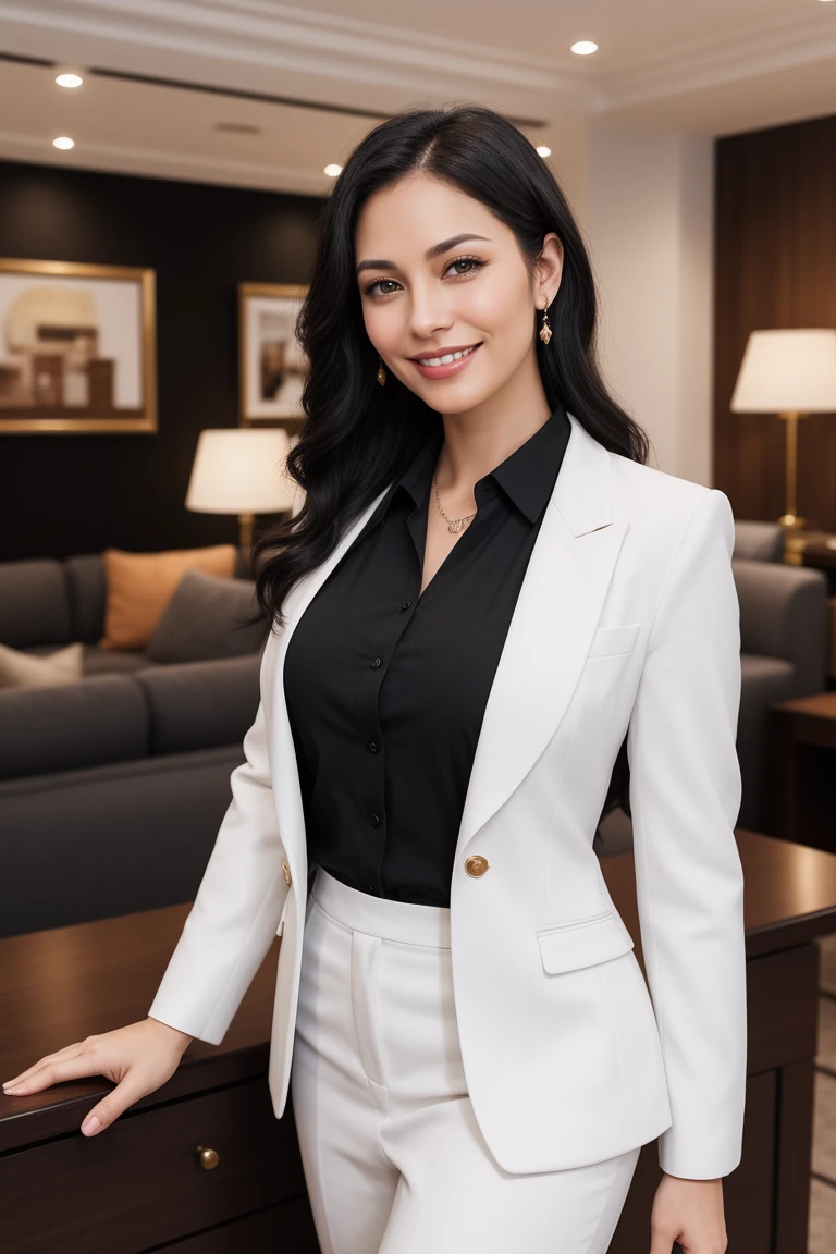 Woman of Latin origin, blackquality hair, entrepreneur, friendly and dynamic. with beautiful smile. Elegant and formal clothes. greeneyes. Manager of a high-end furniture store
