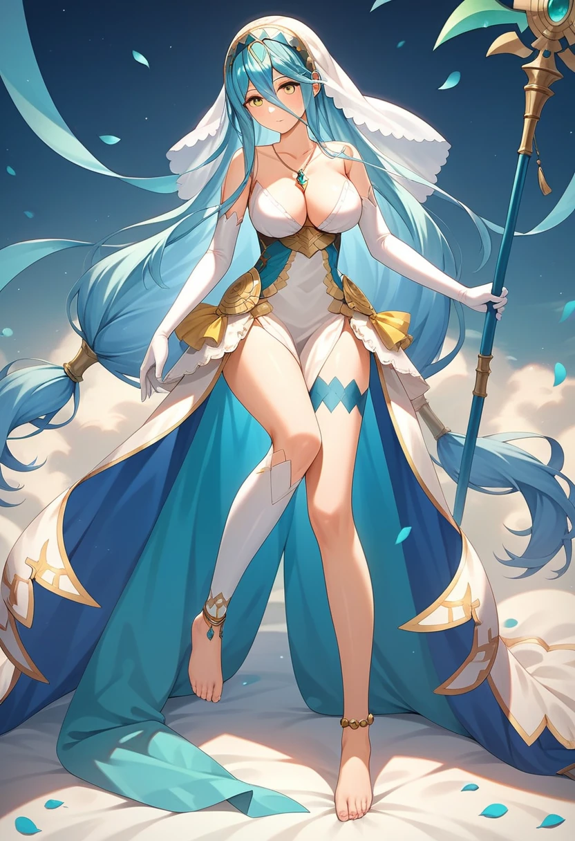 masterpiece, Highest quality, Very detailed, score_9, score_8_upper, score_7_upper, score_6_upper, アニメ, Aqua(Fire emblem), azura_(FEif), Low-tied_long_hair, light_blue_hair, Yellow Eyes, Asymmetrical legwear, barefoot, Opera Gloves, pendant, Single bare leg, White Dress, hair band, Long hair between the eyes, Gold Anklet, Veil, Beautiful Eyes, Perfect Face, Perfect hands, Perfect Fingers, large breasts, Very beautiful long legs, Thighs, spear, Have a weapon, slashing