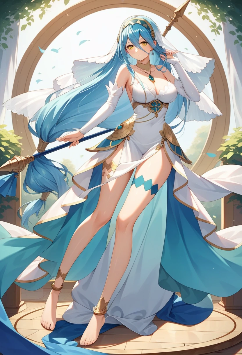 masterpiece, Highest quality, Very detailed, score_9, score_8_upper, score_7_upper, score_6_upper, アニメ, Aqua(Fire emblem), azura_(FEif), Low-tied_long_hair, light_blue_hair, Yellow Eyes, Asymmetrical legwear, barefoot, Opera Gloves, pendant, Single bare leg, White Dress, hair band, Long hair between the eyes, Gold Anklet, Veil, Beautiful Eyes, Perfect Face, Perfect hands, Perfect Fingers, large breasts, Very beautiful long legs, Thighs, spear, Have a weapon, slashing