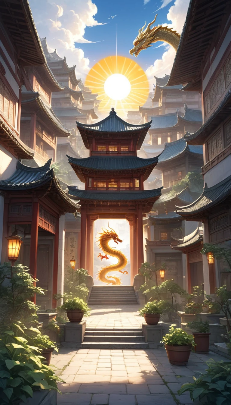 In an ancient and mysterious courtyard, a golden dragon hovers in the air, surrounded by auspicious clouds and halos. The dragon's eyes reveal wisdom and power, and its scales sparkle in the sun. The ancient buildings and plants in the courtyard appear particularly quiet, as if telling a thousand-year-old story. The whole picture is full of fantasy, which makes people intoxicated.