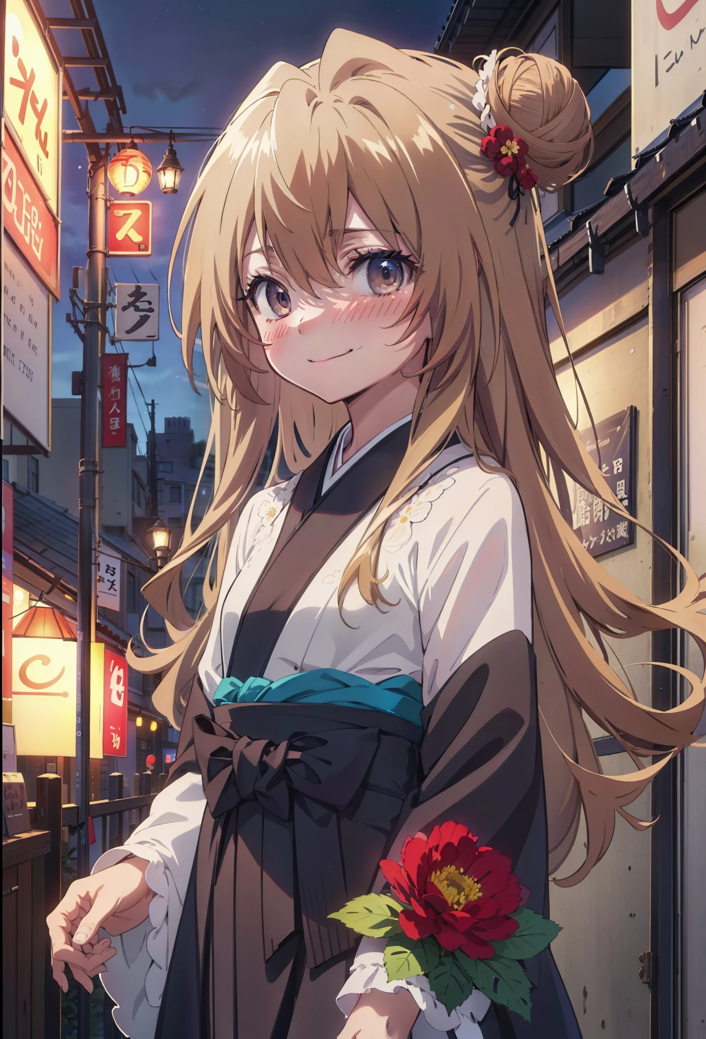 taiga aisaka, taiga aisaka, Long Hair, Brown Hair, Brown eyes,happy smile, smile, Close your mouth,Hair Bun, single Hair Bun,Flower Hair Ornaments,Black kimono,Thick sleeves,,Japanese Festivals,Summer festival food stalls,Red lantern,night,As if your whole body is in the illustration,Walking, break looking at viewer, Upper Body (Cowboy Shot:1. 5),
break outdoors, Area,
break (masterpiece:1.2), Highest quality, High resolution, unity 8k wallpaper, (shape:0.8), (Beautiful attention to detail:1.6), Highly detailed face, Perfect lighting, Highly detailed CG, (Perfect hands, Perfect Anatomy),