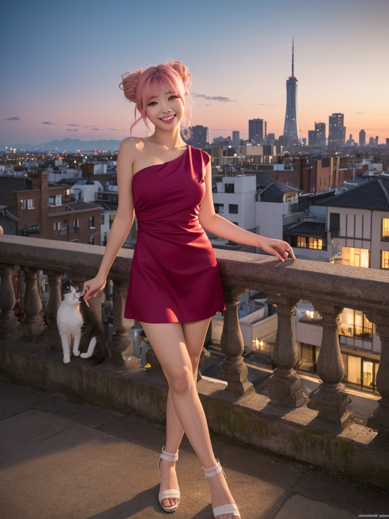 (8k, RAW photo, best quality, masterpiece:1.2), (realistic, photo-realistic:1.4), (extremely detailed 8k wallpaper), Japanese 20 age woman, She’s wearing comfortable wedges and stylish accessories, her hair in a casual updo. The image captures her full body against the backdrop of a stunning cityscape at dusk, emphasizing her laid-back style and the romantic evening atmosphere,(sexy costume),One-shoulder dress,A smile that invites others,cute pink hair ,being with a cat