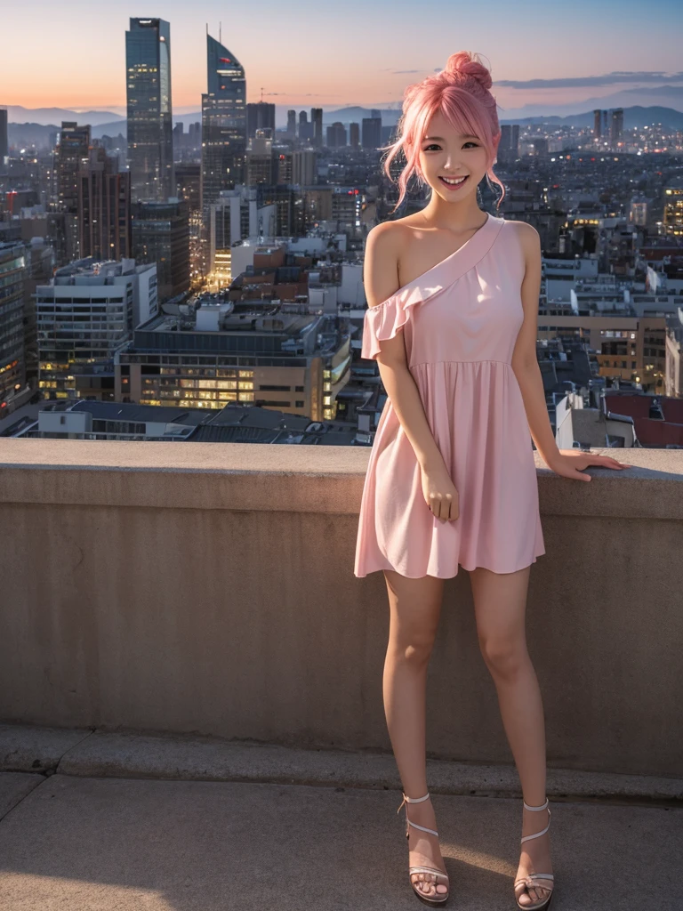 (8k, RAW photo, best quality, masterpiece:1.2), (realistic, photo-realistic:1.4), (extremely detailed 8k wallpaper), Japanese 20 age woman, She’s wearing comfortable wedges and stylish accessories, her hair in a casual updo. The image captures her full body against the backdrop of a stunning cityscape at dusk, emphasizing her laid-back style and the romantic evening atmosphere,(sexy costume),One-shoulder dress,A smile that invites others,cute pink hair ,being with a cat