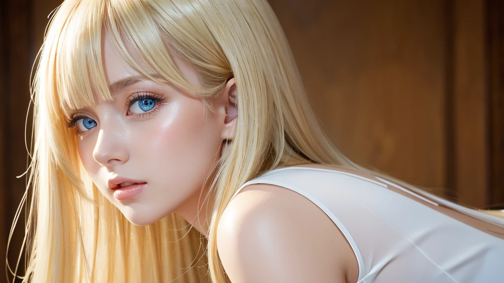 A beautiful girl with very long, shiny, bright blonde hair.、very soft blonde hair、Very big bright and shining light blue eyes、very big eyes、long bangs between the eyeuste piece, best quality, illustration, Super detailed, fine details, High resolution, 8K Dende Wallpaper, perfect dynamic composition, beautiful detailed eyes , of hotel(Bet), sexy face,A face feeling ecstasy,Face at the peak of sexual excitement,excited face from、white beautiful skin、cheek gloss highlight