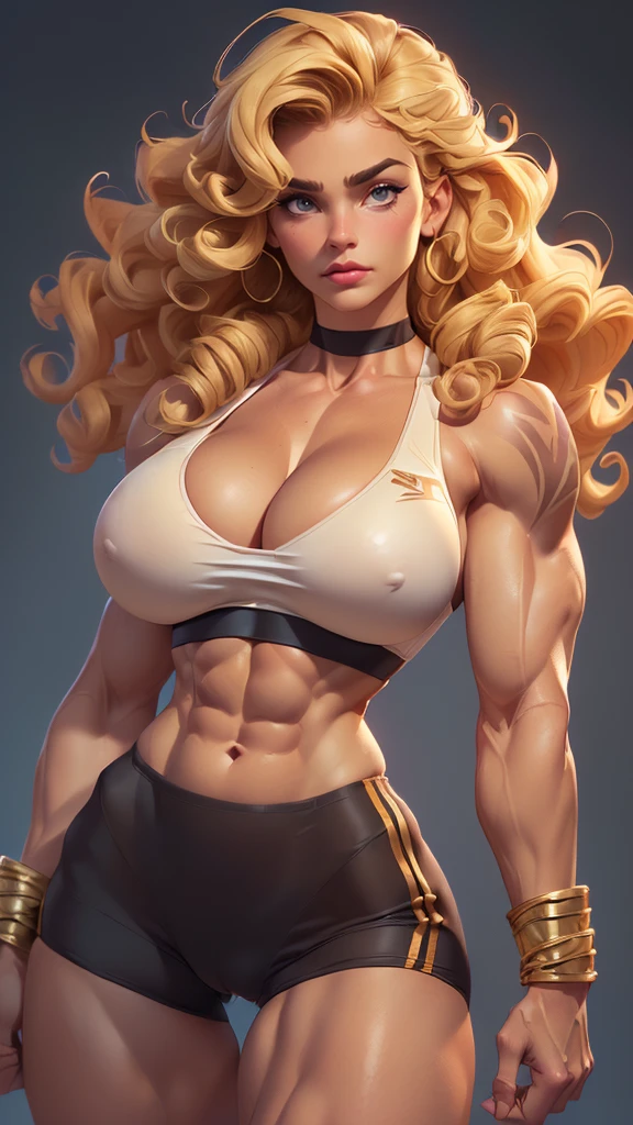 (beautiful detailed photo), (high quality image), (((woman with bodybuilder physique))), (((gorgeous face))), (((full plump lips))), (((beautiful eyes))), (((curly blonde hair))), (((very curly hair))), (((bouffant hair))), (((huge muscles))), (((massive bodybuilder muscles))), (((giant hulking muscles))), (((huge bulging muscular torso))), (((huge muscular laterals))), (((defined toned abs))), (((strong defined arms))), (((big muscular arms))), (((big breast))), (((big broad wide shoulders))), (((massive broad wide muscular shoulders))), (((huge broad muscular shoulders))), (((skinny narrow hips))), (((skinny narrow thighs))), (((long skinny legs))), (((skinny narrow legs))), (((tattoo on arm))), (((exposed cleavage))), ((sexy sports bra)), (((cameltoe))), ((sexy spandex shorts with cameltoe)), (choker), (((raised fist pose))), (full body view)