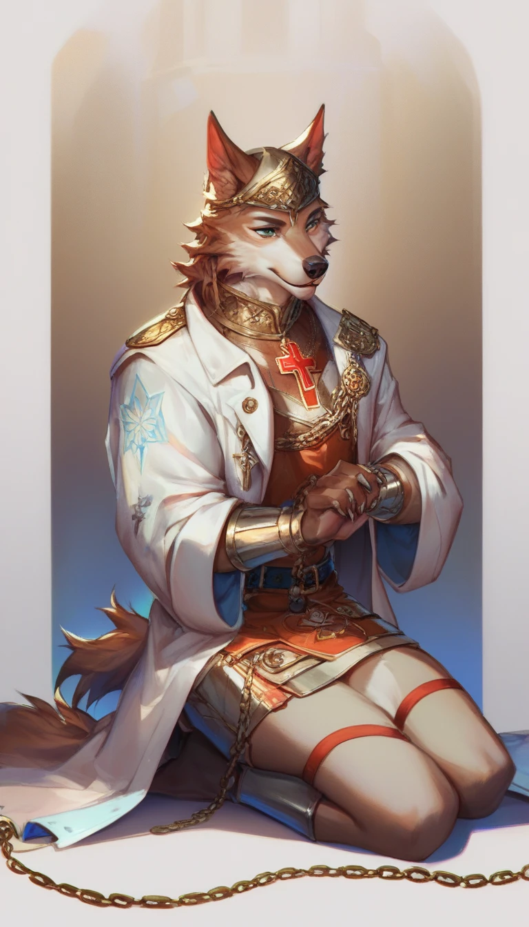 fantasy art style, a templar (white anthro wolf), (alone) dressed in chain mail and trench coat armor with a (red cross drawn on it), kneeling with his sword resting on the ground, a divine light coming from the sky, intricate design, dynamic light , high details