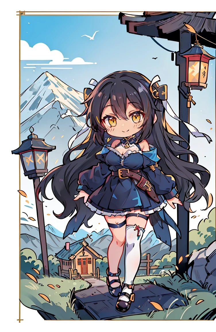(masterpiece:1.2), (high quality:1.2), hui xiyi, rekkyo sensen, rekkyou sensen, (full body, chibi girls:1.45), solo focus, girls with((black hair, tits cleavage, exposed breasts, breasts close up, dress, (blue clothes:1.3), ribbon belt, off-shoulder sleeves, long sleeves, furry jacket, frills shirt, frills camisole, straps, (ribbon tie, rosary choker, golden rosary, cross:1.05), (strap shoes, black shoes, exposed legs, exposed foots, left thighhigh, white thighhigh:1.67), (long wavy hair, one side up:1.4))), background with ((architecture, blue sky, building, bush, castle, village, no humans, cloud, cloudy sky, day, fence, field, garden, grass, hill, house, lamppost, landscape, mountain, mountainous horizon, nature, no humans, outdoors, scenery, shrine, sky, tower))