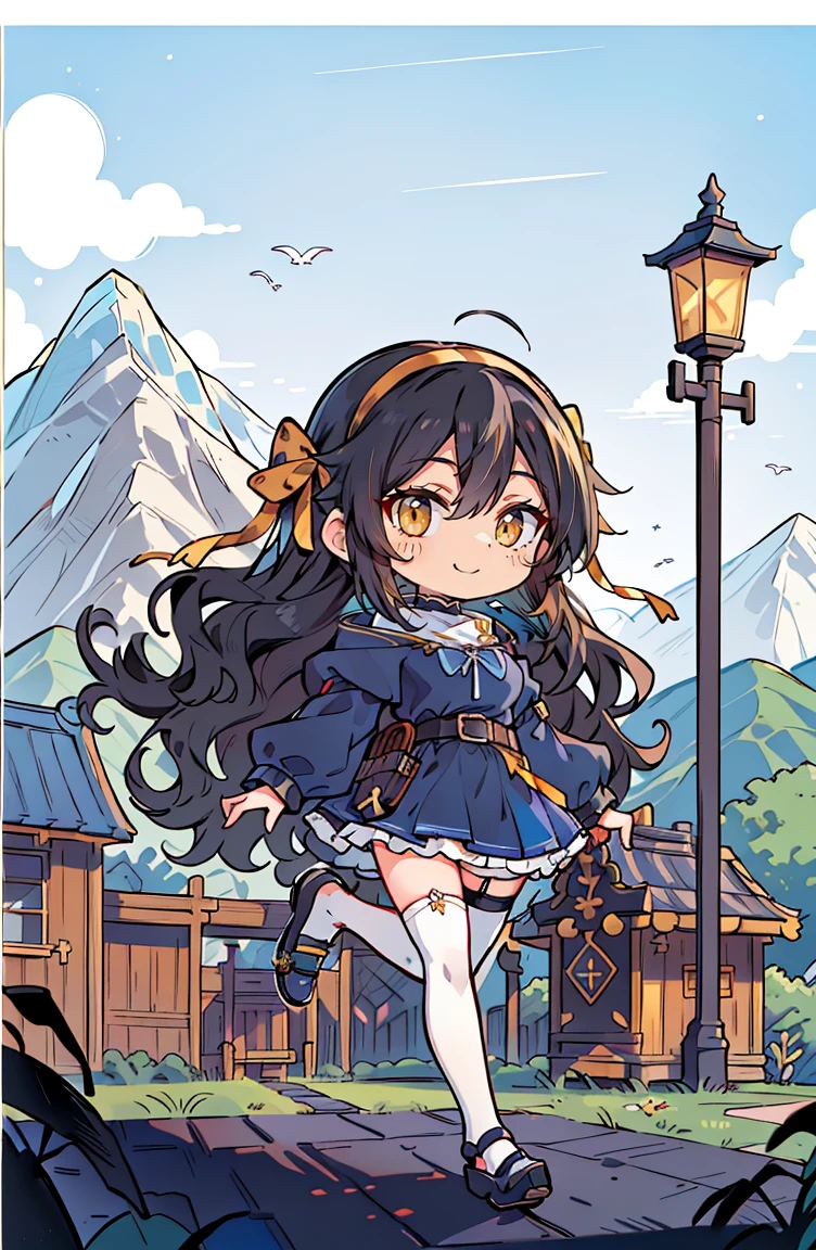 (masterpiece:1.2), (high quality:1.2), hui xiyi, rekkyo sensen, rekkyou sensen, (full body, chibi girls:1.45), solo focus, girls with((black hair, tits cleavage, exposed breasts, breasts close up, dress, (blue clothes:1.3), ribbon belt, off-shoulder sleeves, long sleeves, furry jacket, frills shirt, frills camisole, straps, (ribbon tie, rosary choker, golden rosary, cross:1.05), (strap shoes, black shoes, exposed legs, exposed foots, left thighhigh, white thighhigh:1.67), (long wavy hair, one side up:1.4))), background with ((architecture, blue sky, building, bush, castle, village, no humans, cloud, cloudy sky, day, fence, field, garden, grass, hill, house, lamppost, landscape, mountain, mountainous horizon, nature, no humans, outdoors, scenery, shrine, sky, tower))