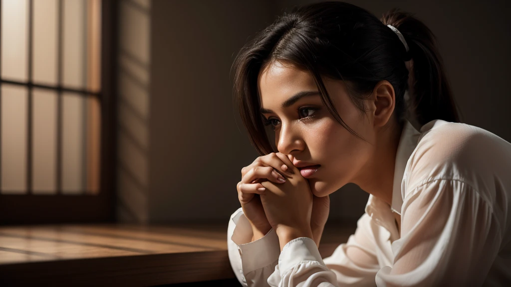 a beautiful woman alone praying on her knees and holding hands in prayer, dark background, close-up of a beautiful brunette woman wearing white shirt, dark brown eyes, black hair tied in a tight ponytail, beautiful detailed face, natural lighting, realistic, cinematic, beautiful.