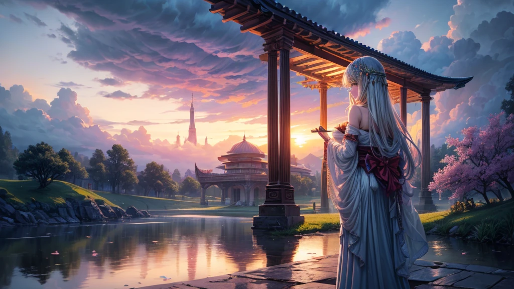 "oil, ((Mysterious Girl)), The sound of a harp echoing through the air, A pavilion surrounded by wildflowers, ((Dramatic cloud formation)), A rich palette, Fantasy World, Magical Aura",Girl from behind