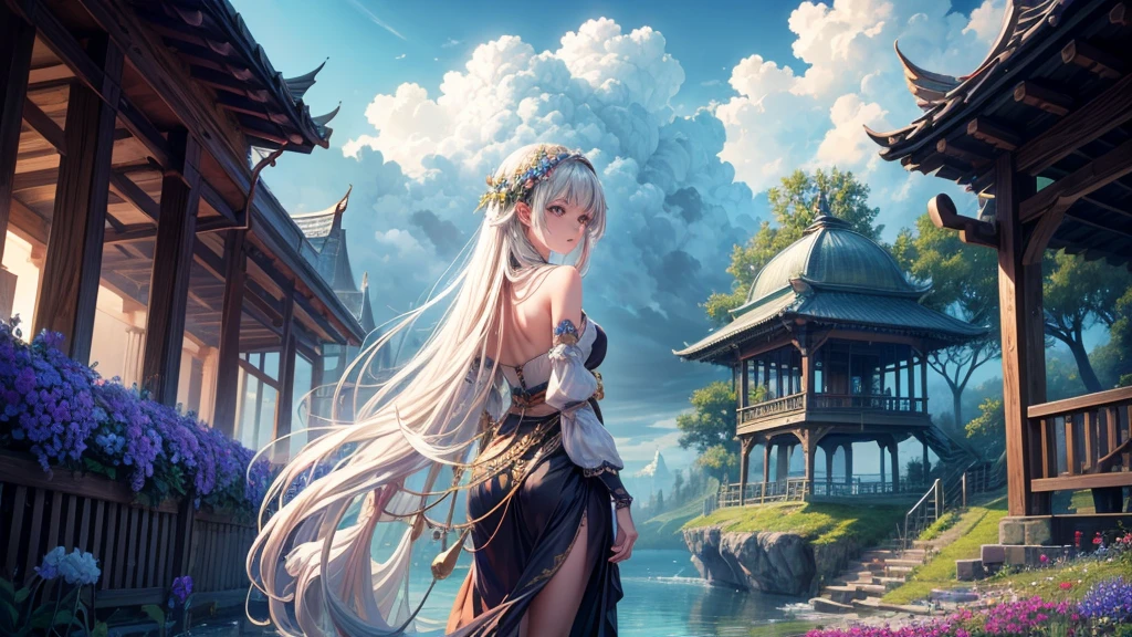 "oil, ((Mysterious Girl)), The sound of a harp echoing through the air, A pavilion surrounded by wildflowers, ((Dramatic cloud formation)), A rich palette, Fantasy World, Magical Aura",Girl from behind