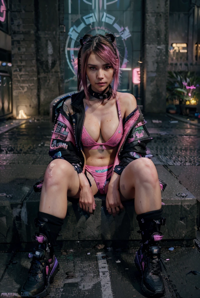 a woman in a pink  and black jacket sitting on the street, cyberpunk art style, cyberpunk 2 0 years. oh model girl, hyper-realistic cyberpunk style, cyberpunk vibes, cyberpunk style ， hyper realist, beautiful cyberpunk girl, cyberpunk art ultrarealistic 8k, cyberpunk girl, cyberpunk art, female cyberpunk anime girl, in cyberpunk style, cyberpunk judy alvarez