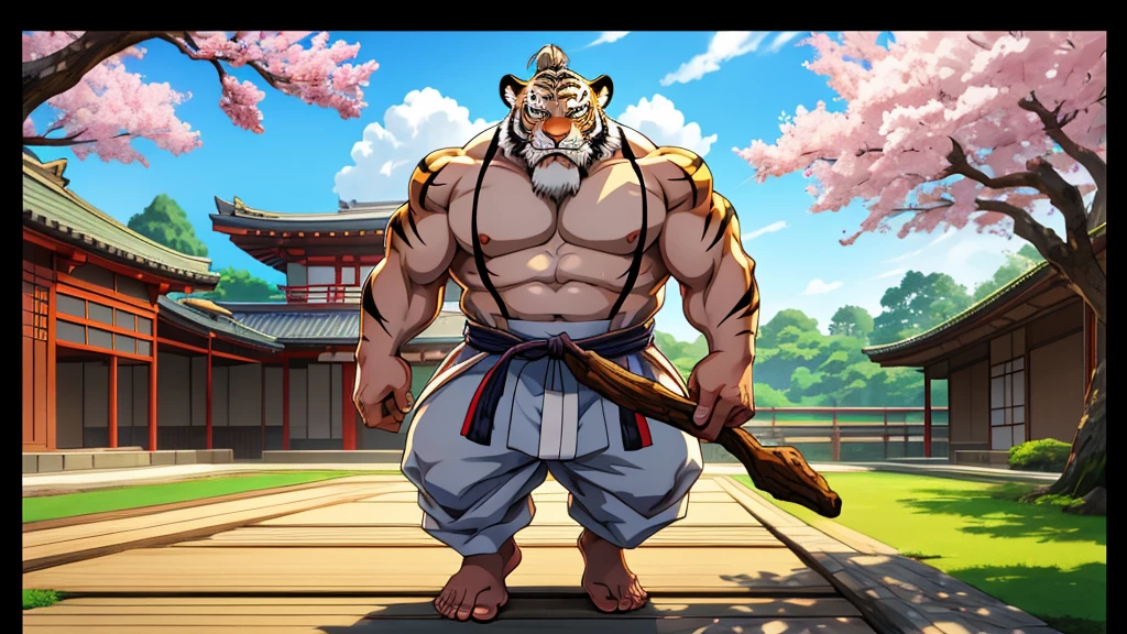 An anime-style image depicting a wise and powerful elder known as White Tiger Elder. He has a robust and stocky build, resembling a traditional sumo wrestler, with a calm and wise expression on his face. He is dressed in traditional Japanese robes, adorned with tiger motifs, and carries a staff that symbolizes his authority. The background features a serene setting with a mix of traditional Japanese elements, such as a tranquil garden with cherry blossoms and a distant view of a sumo ring. The art style should be vibrant and colorful, with exaggerated anime features such as large expressive eyes, sharp lines, and a serene aura that emanates wisdom and strength.