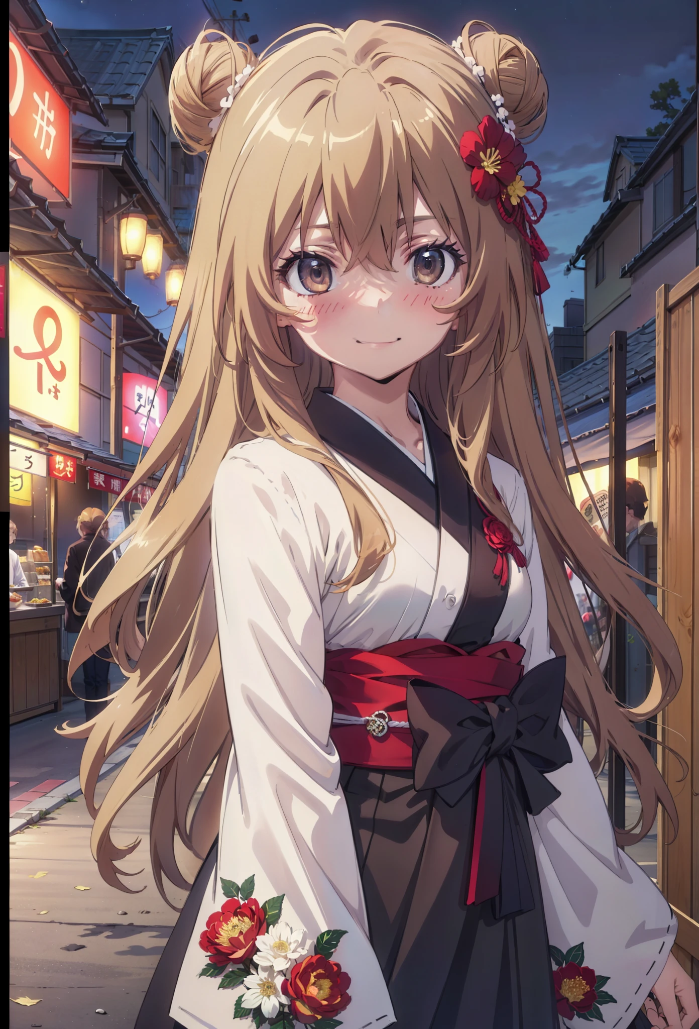 taiga aisaka, taiga aisaka, Long Hair, Brown Hair, Brown eyes,happy smile, smile, Close your mouth,Hair Bun, single  Hair Bun,Flower Hair Ornaments,Black kimono,Thick sleeves,,Japanese Festivals,Summer festival food stalls,Red lantern,night,As if your whole body is in the illustration,Walking,　　　　　　　　　　　　　　　  break looking at viewer, Upper Body (Cowboy Shot:1. 5),  　　　　　
break outdoors, Area,
break (masterpiece:1.2), Highest quality, High resolution, unity 8k wallpaper, (shape:0.8), (Beautiful attention to detail:1.6), Highly detailed face, Perfect lighting, Highly detailed CG, (Perfect hands, Perfect Anatomy),