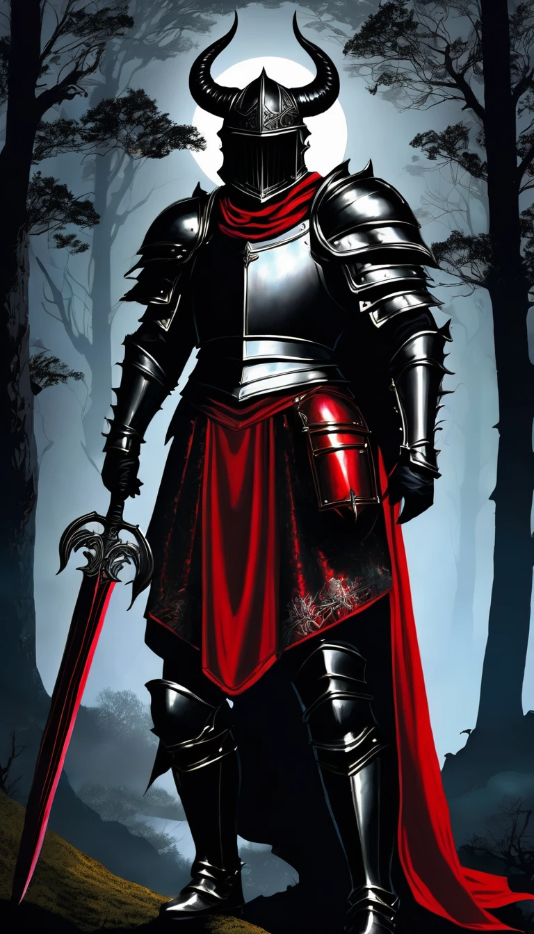 (Alta definición 1.5) (Alta calidad 1.5) (Detallado 1.5) (Obra Maestra) (Perfect)
1man, strong and tall, full armor, dark metal armor, shiny metal, gothic, ancient style, helmet with horns, red cape, sword at his waist.
Lonely path, dark forest, bright night, bright full moon