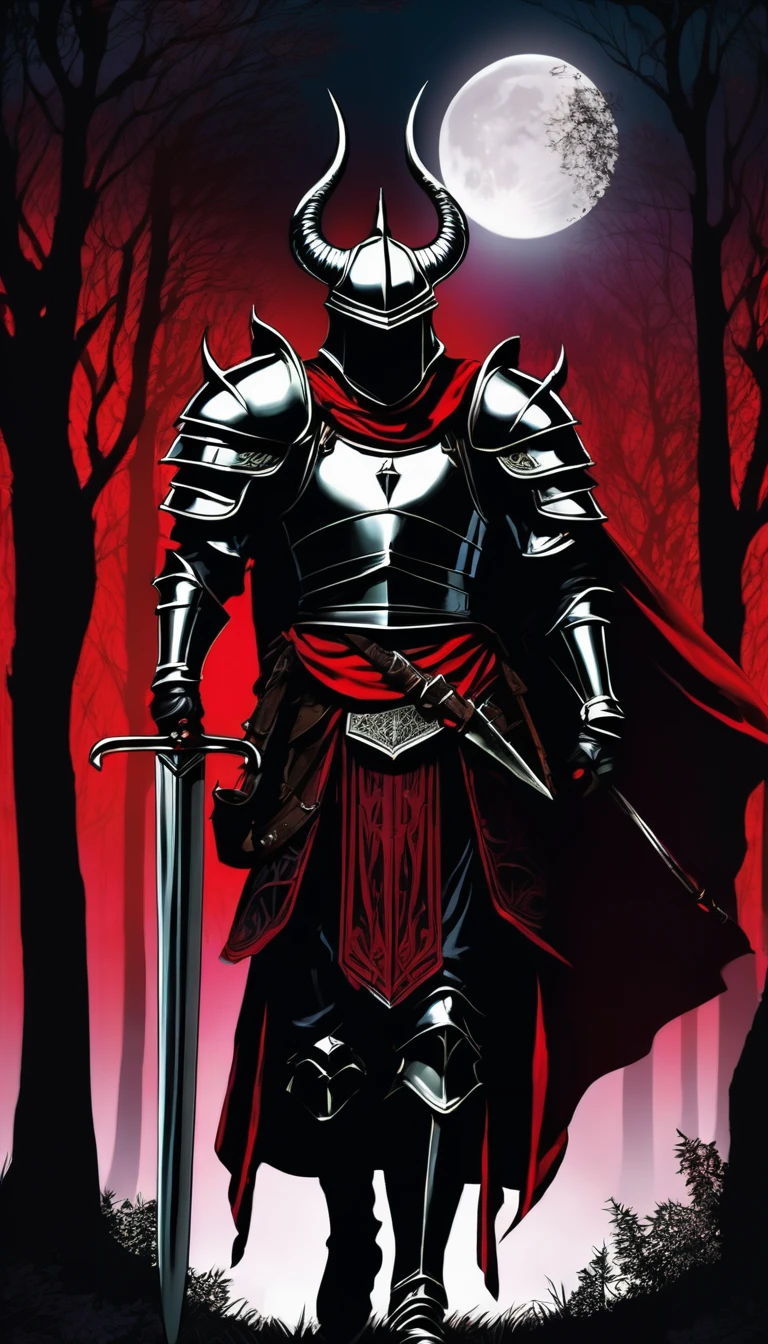 (Alta definición 1.5) (Alta calidad 1.5) (Detallado 1.5) (Obra Maestra) (Perfect)

1man, strong and tall, full armor, dark metal armor, shiny metal, gothic, ancient style, helmet with horns, red cape, sword at his waist.
Lonely path, dark forest, bright night, bright full moon
