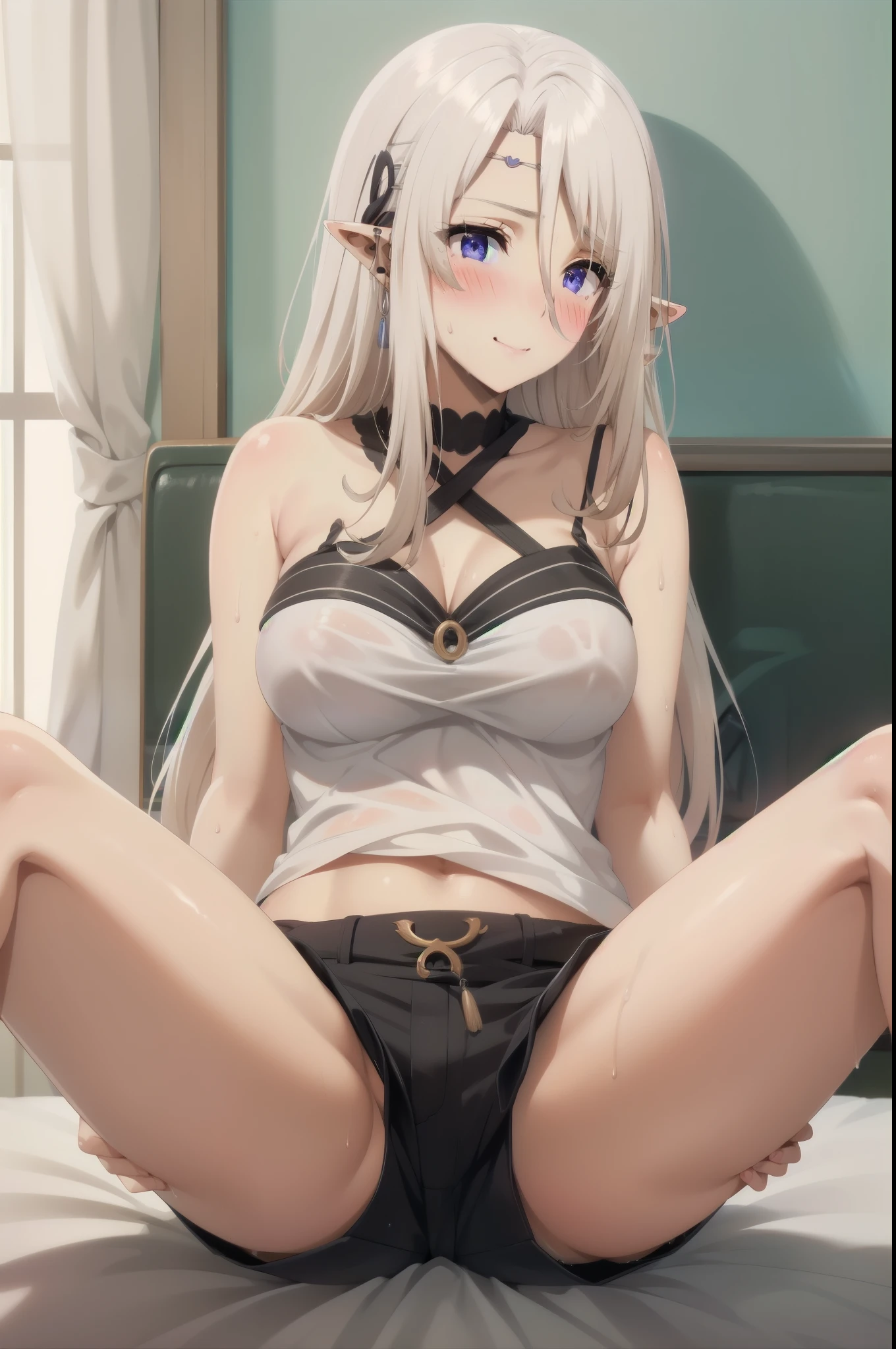 platinum hair,,long hair,blue eyes,pointy ears,elf,tall,((top tank,shorts)),(((blush,sensual,tempting))),blush,wet,sweat,on the bed,