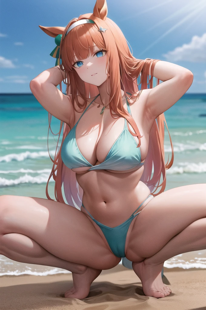 masterpiece, Highest quality, High resolution, Foundation, Long Hair, Animal ears, Ear coverings, White hair band, Horse tail, Black Bikini,squatting,spread legs,arms behind head,Sandy Beach,Big Breasts,Looking up from below,Big Butt,