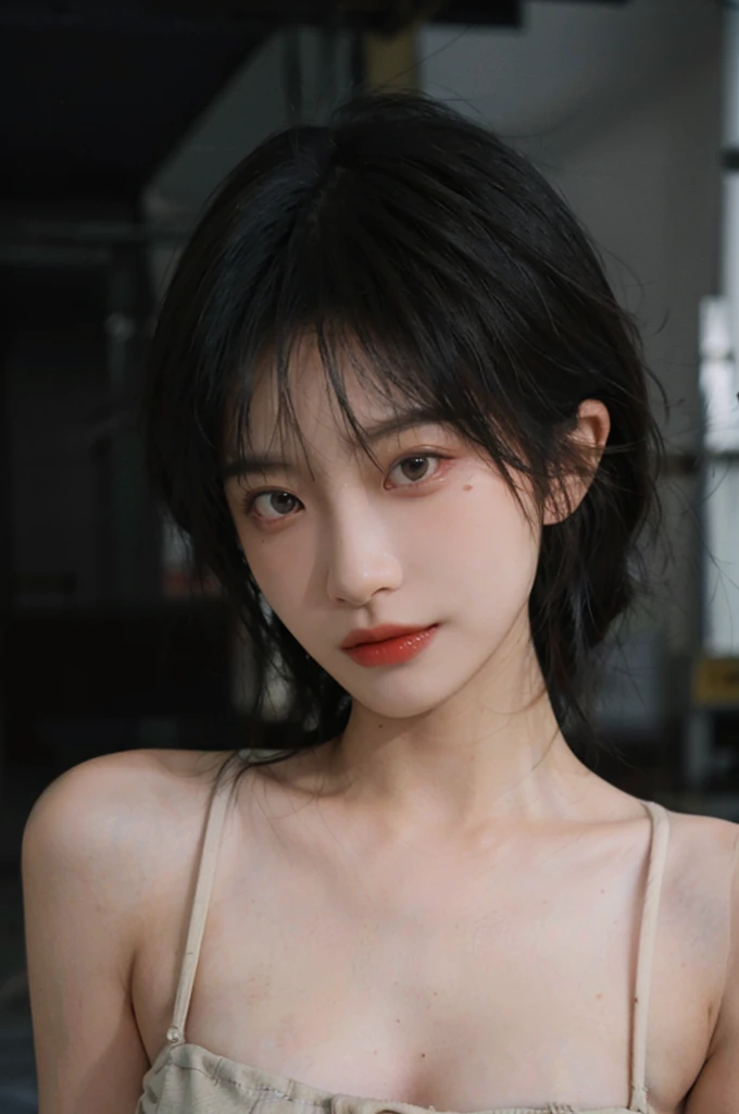 1 girl,Model,Upper Body,short hair,A faint smile,serene, calm,Moles under the eyes,Exquisite eyes, Delicate face,Lipstick,earrings,Hair details, skirt,(Dress conservatively:1.3)(Large Breasts:1.2),outdoor,background,城市background,(Skin details:1.4),(Realistic and detailed eyes:1.2), Natural skin texture, Realistic facial details,Close-up of face,Portrait Photography,(Portrait Photography:1.1), (smooth skin textures:1.3), (Highest quality real skin textures:1.4), Direct vision,Soft dramatic lighting, Vivid details, 35 mm film, (Photo Practical:1.4), (hyper Practical:1.4), (Practical:1.3), (Smoother lighting:1.05), (Improve lighting quality:0.9), (Enhance the beauty of skin texture:1.1), Depth of Field, Bokeh, Surrealism, Ray Tracing, ( Surrealism, High Detail, Chiaroscuro, Ray Tracing, reflected light, Ultra HD, Ultra HD, masterpiece, Textured Skin, Super Detail, High Detail, high quality, best quality