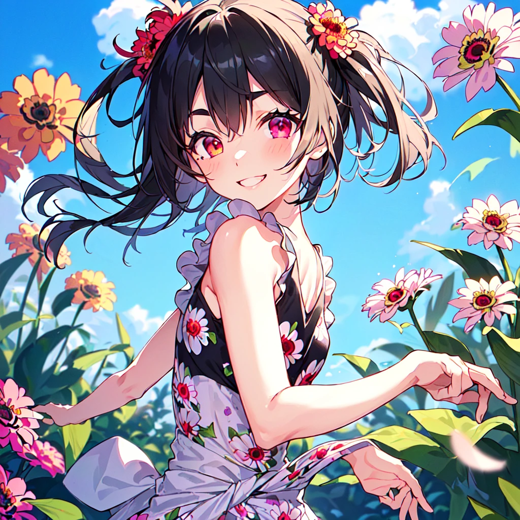masterpiece, best quality, high quality, extremely detailed, very delicate and beautiful, (1 female 18 years old solo:1.5), (long black hair up to waist with two side up:1.5), bangs to eyebrows, eyes (eyes sharp, strong, glossy, glossy eyebrows, (eye color magenta:1.3), 6.5 head height, (zinnia flower print summer fashion:1.3), knee socks, lace, frills, (smiling), (running:1.3), (smiling), (dynamic pose), (background zinnia flower field:1.3), (blue sky:1.3), (upper body:1.3)