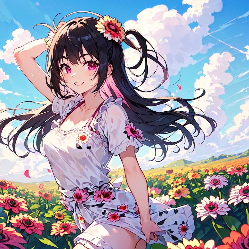 masterpiece, best quality, high quality, extremely detailed, very delicate and beautiful, (1 female 18 years old solo:1.5), (long black hair up to waist with two side up:1.5), bangs to eyebrows, eyes (eyes sharp, strong, glossy, glossy eyebrows, (eye color magenta:1.3), 6.5 head height, (zinnia flower print summer fashion:1.3), knee socks, lace, frills, (smiling), (running:1.3), (smiling), (dynamic pose), (background zinnia flower field:1.3), (blue sky:1.3), (upper body:1.3)