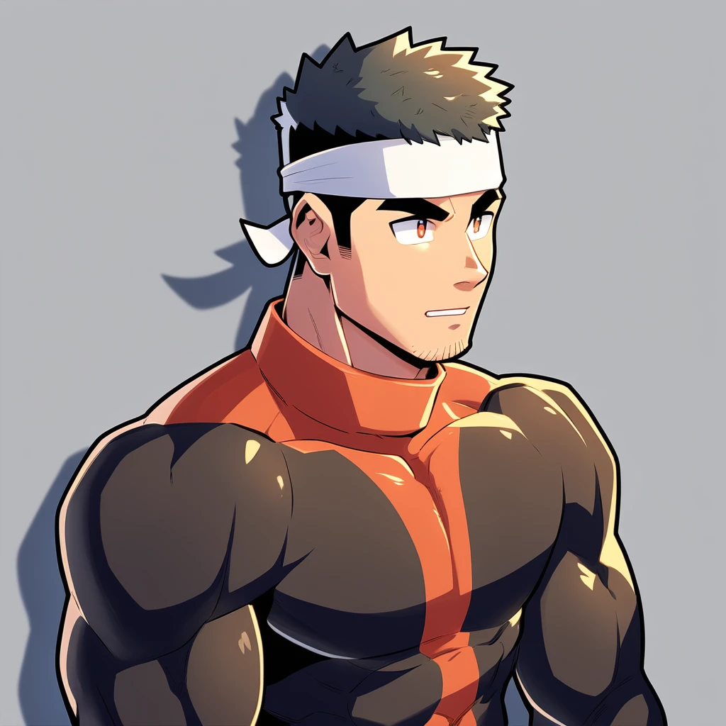 anime characters：Gyee, Muscle Sports Student, Manliness, sports headband, male focus, Cute boy with big eyes, Mike WHite high collar long sleeve tight T-shirt, Slightly transparent material, Very tight, Round, full and perky chest muscles, Slightly transparent, muscular male, muscular, only, Upper body, alone, Black short hair, Thick eyebrows, stubble, Cute little eyes, Brown-red pupils, Grey background, simple background, amazing quality, best aesthetics, Ridiculous, crew cut, parted lips, v-shaped eyebrows, jitome, drop shadow, best quality