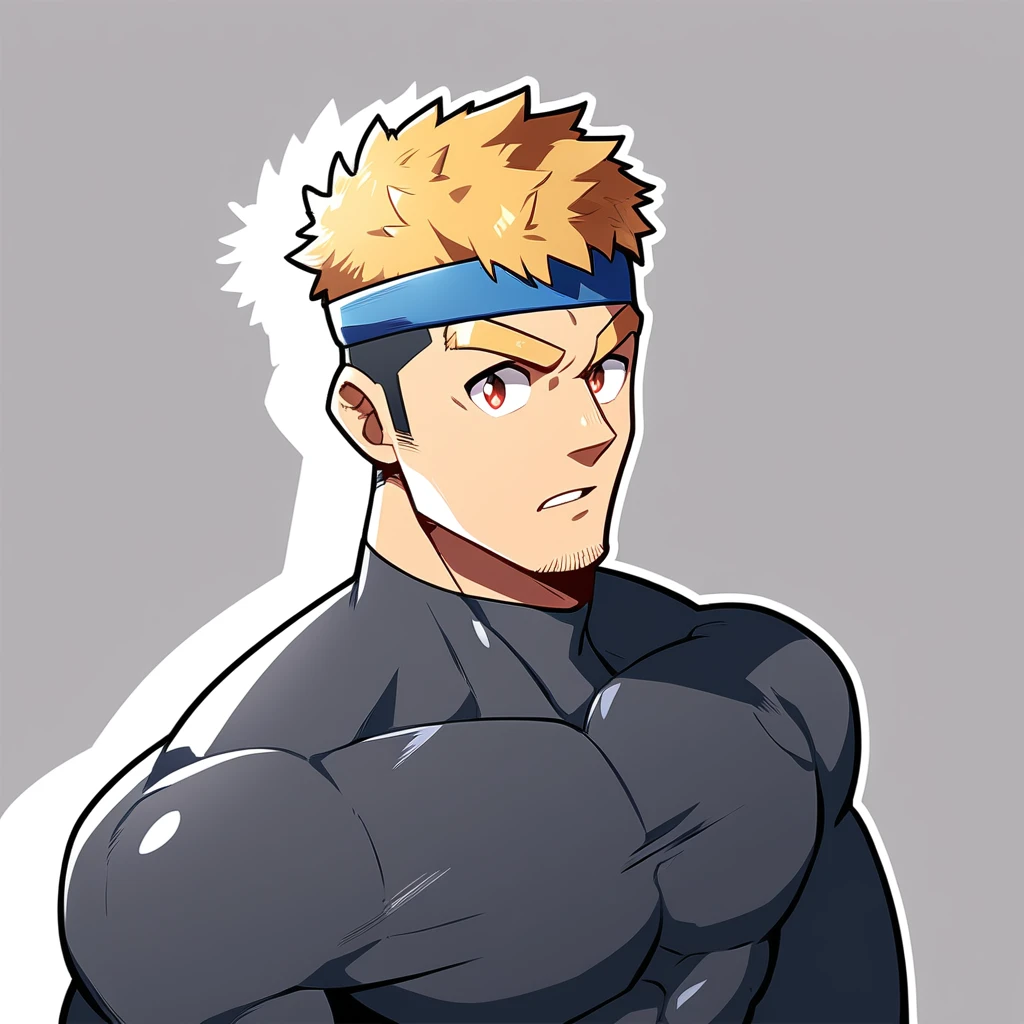 anime characters：Gyee, Muscle Sports Student, Manliness, sports headband, male focus, Cute boy with big eyes, Mike WHite high collar long sleeve tight T-shirt, Slightly transparent material, Very tight, Round, full and perky chest muscles, Slightly transparent, muscular male, muscular, only, Upper body, alone, Black short hair, Thick eyebrows, stubble, Cute little eyes, Brown-red pupils, Grey background, simple background, amazing quality, best aesthetics, Ridiculous, crew cut, parted lips, v-shaped eyebrows, jitome, drop shadow, best quality