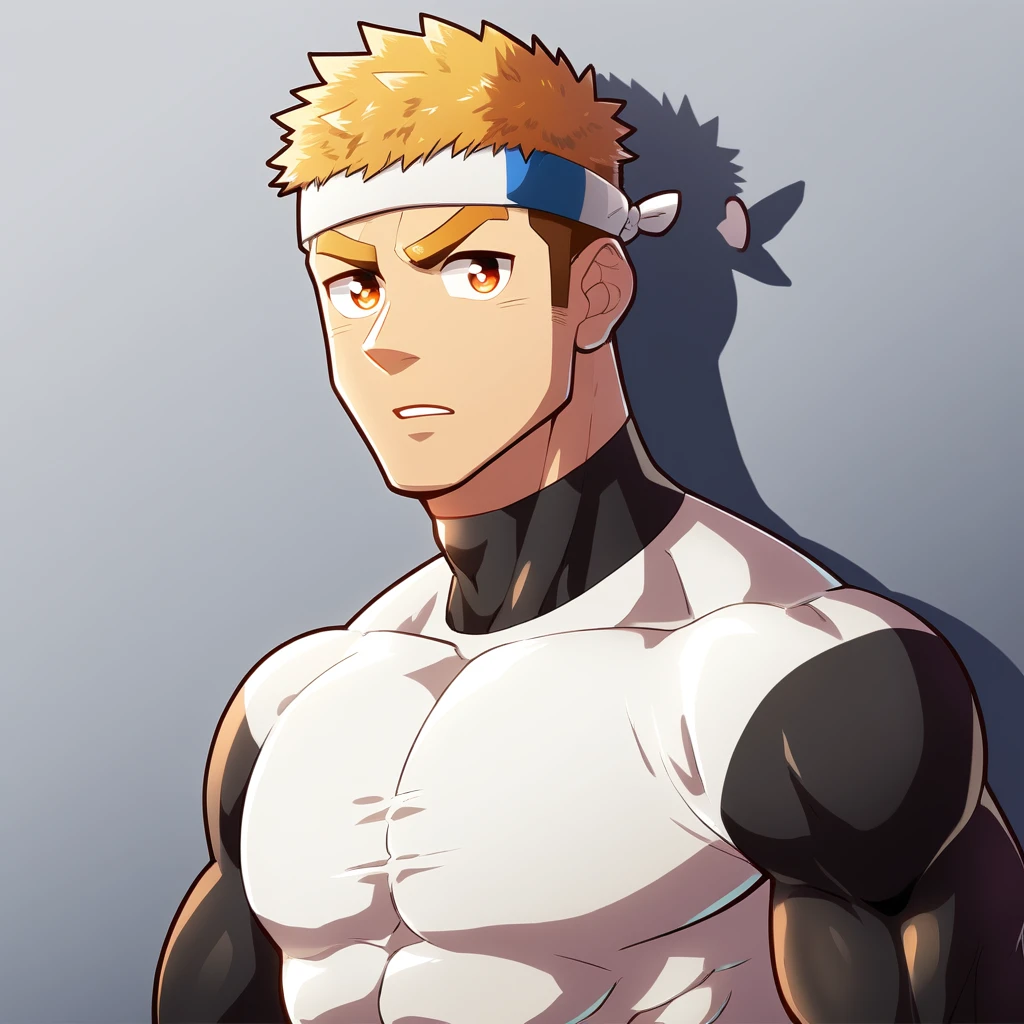 anime characters:Gyee, Muscle Sports Student, Manliness, sports headband, male focus, Cute boy with big eyes, Mike WHite high collar long sleeve tight T-shirt, Slightly transparent material, Very tight, Round, full and perky chest muscles, Slightly transparent, muscular male, muscular, only, Upper body, alone, Black short hair, Thick eyebrows, stubble, Cute little eyes, Brown-red pupils, Grey background, simple background, amazing quality, best aesthetics, Ridiculous, crew cut, parted lips, v-shaped eyebrows, jitome, drop shadow, best quality