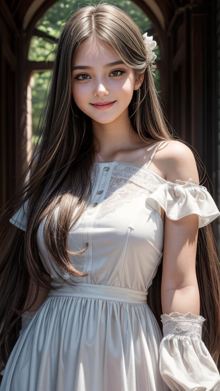 I am a 19 year old teenage girl, long straight hair, ((head detail)) (face detail), round face, smiling, masterpiece, high resolution, ((Skin Details)), (face detail), (head detail)), big , Innocent Girl, face, soft girl, pale skin, realistic lighting, (casual wear), cute hair accessories,White dress, calm