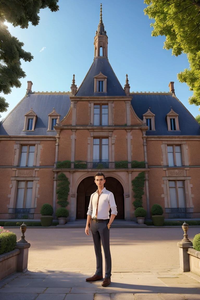 there is a man standing in front of a building, town hall, reportage photo, in front of the town hall, by Raphaël Collin, traveling in france, adrien girod, by Joseph-Marie Vien, chateau de cheverny, photo from 2022, historical setting, château de cheverny