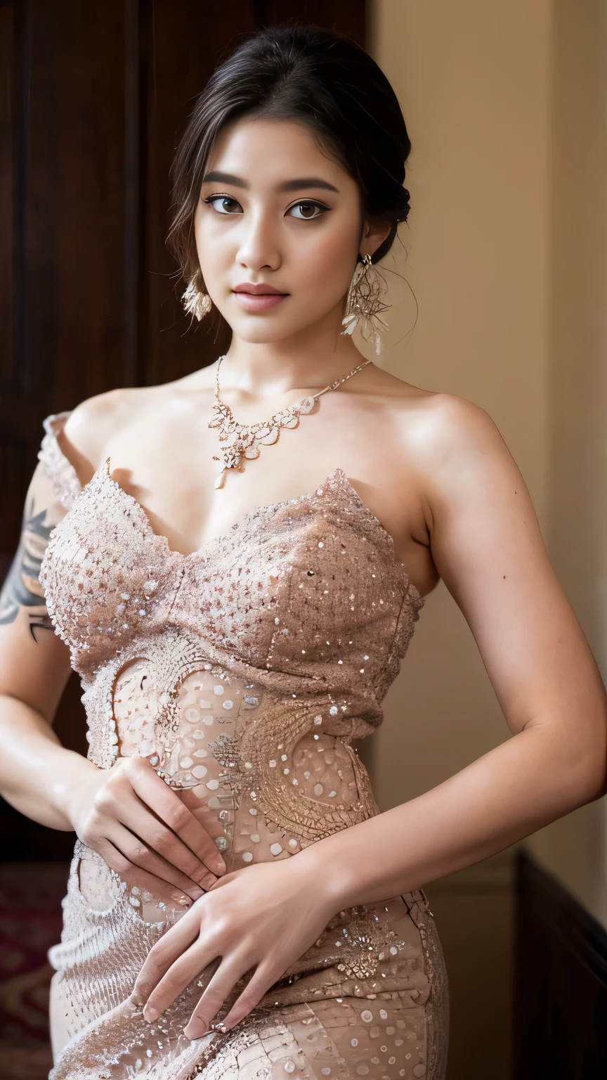 a beautiful girl, detailed body tattoos, wearing kebaya dress, beautiful detailed eyes, baby face, cute girl, big breasts, earrings, necklace, Javanese ornaments, photorealistic, 8k, masterpiece, highly detailed, digital painting, vibrant colors, dramatic lighting