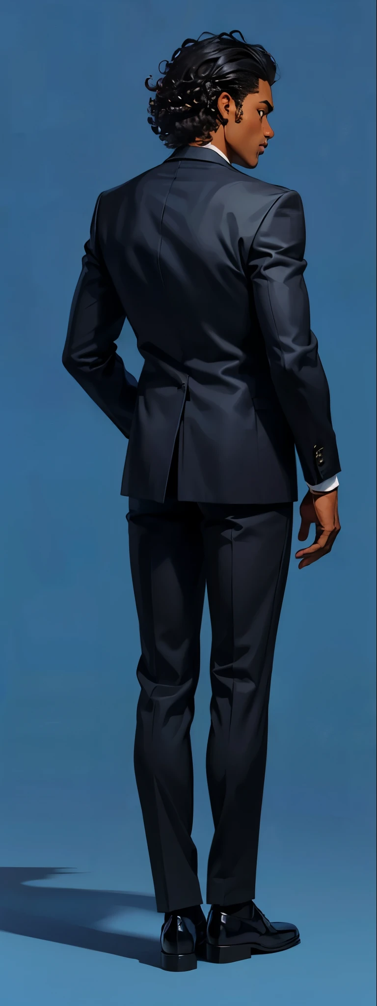 dark skin, A man stands with his back , black suit, curly hair