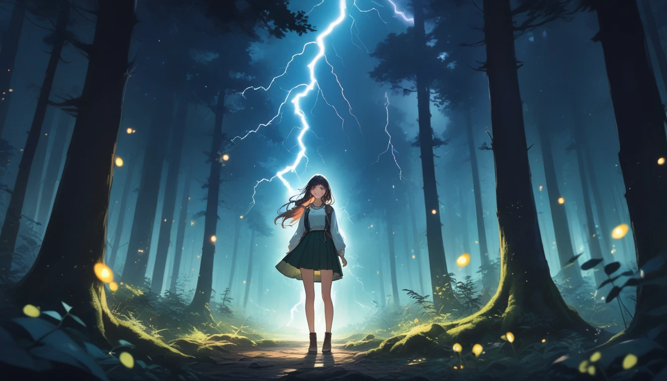 deep forest,beautiful girl with lightning bugs
