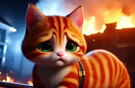 “Outside a burning house, firefighters work tirelessly to extinguish the flames. An orange kitten named Mia is being carried out by a firefighter, her fur singed and her eyes wide with fear. The scene is chaotic, with smoke billowing and the glow of the fire lighting up the night. Onlookers gather, some in tears, as Mia's parents are not seen escaping the blaze. Mia looks back at her burning home, meowing desperately, as the harsh reality of her loss begins to set in."
