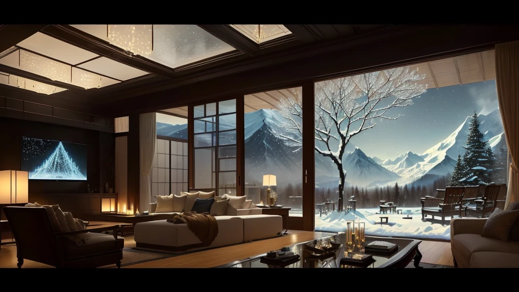 The living room has a large-screen TV and a fireplace., Night, Luxurious environment, Inspired by Yoshio Markino, glass wall, sparse field, Japanese glass house, Intricate sparkling atmosphere, Stunning art masterpiece, Luxurious interior environment, living room, Huge glass ceiling, 8k Highly Detailed Art, High-quality images，There are snow-capped mountains in the distance from the window
