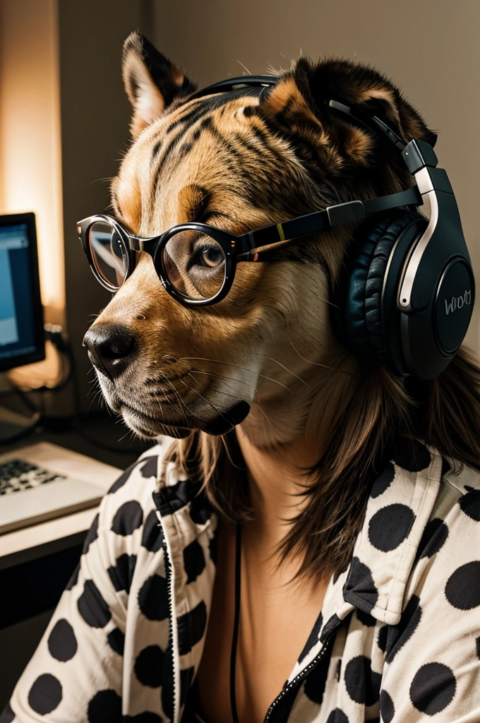 A spotted dog wears glasses and headphones and listens to music